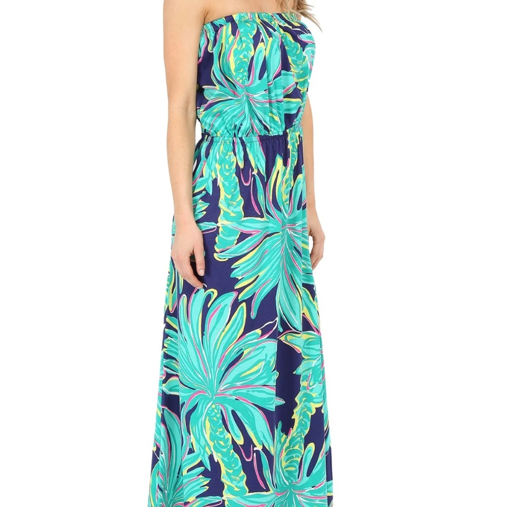Lilly Pulitzer Strapless Matilda Maxi Dress in Navy Tiger Palm Print XS